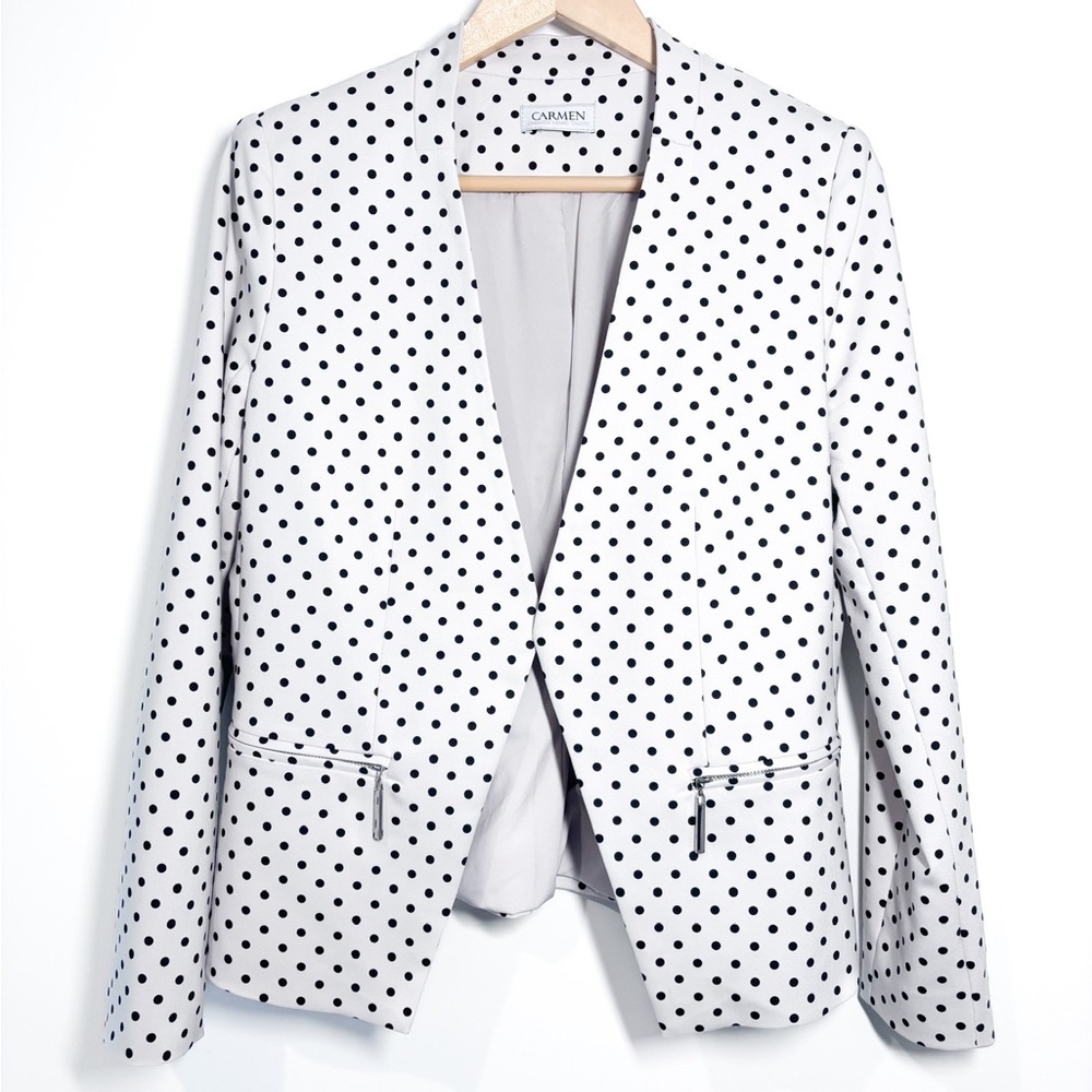 Carmen Marc Valvo White Black Polka Dot Open Front Collarless Blazer Jacket - Picture 2 of 8